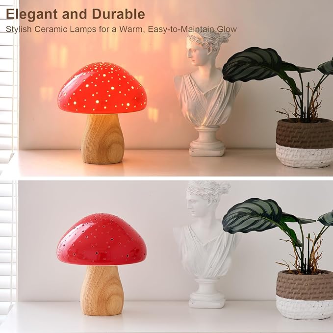 BOHON Mushroom Lamp, Ceramic Bedside Table Lamp for Bedroom Nightstand, Retro Vintage Red Night Light, Small Lamp for Living Room Desk Home Decor Aesthetic, LED Bulb Included, Red