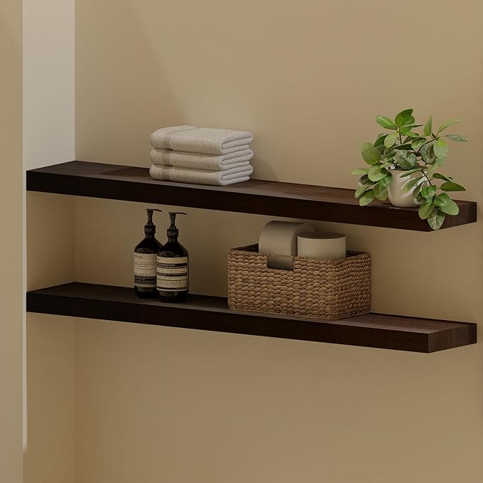 IEO Long Wooden Floating Shelves for Room Wall, Natural Wood Floating Shelves Wall Mounted Kitchen Shelf for Living Room, Bedroom, Kitchen,Bathroom, Storage (Walnut, 36in 2tier)
