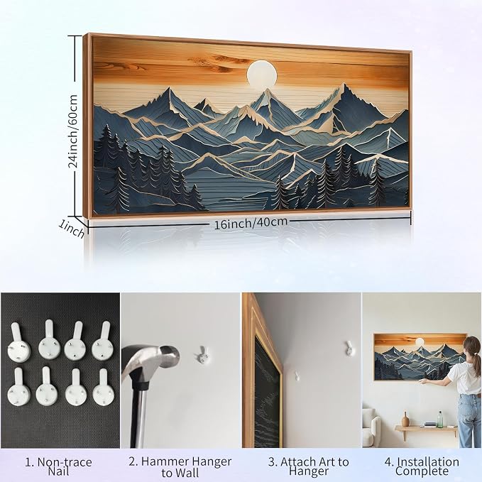 Tinonedraw Large Mountains Framed Canvas Wall Art, Boho Nature Woodcut Forest Art Prints, Mid Century Modern Wall Decor, Sunset Landscape Art Paintings for Living Room Bedroom Office 20"x40"