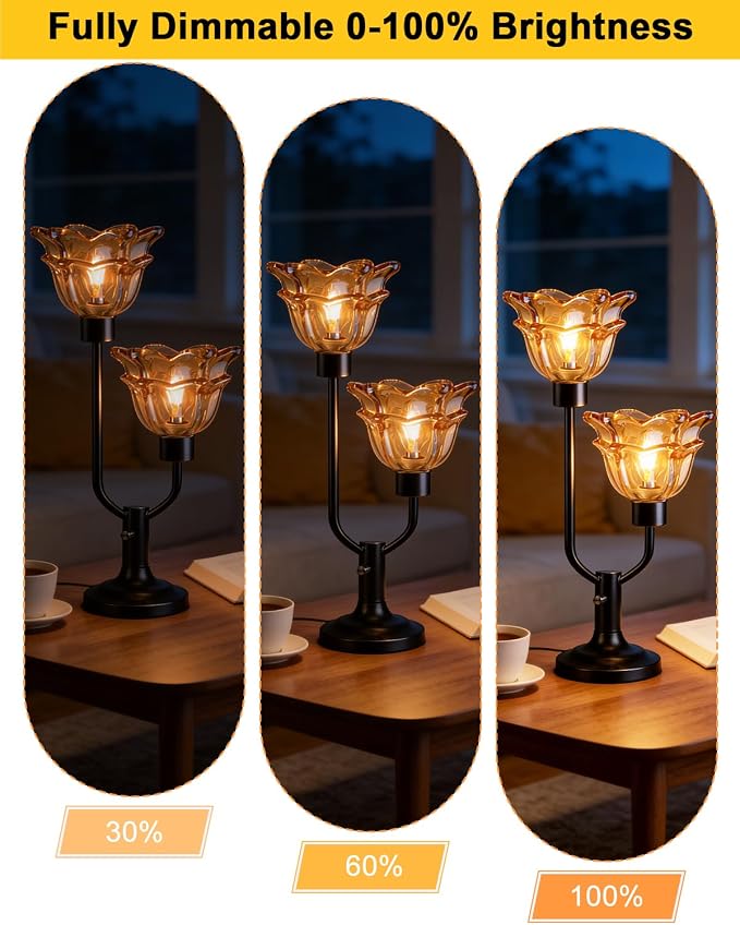 Lightdot Mid Century Modern Flower Table Lamp for Living Room Dimmable Nightstand Lamp Amber Glass Vintage Black Desk Lamp 2 Bulbs Included Warmwhite Ambient Bedside Lamp for Bedroom Home Office Decor