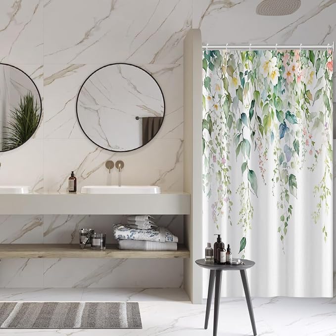 Sage Green Eucalyptus Shower Curtain Watercolor Botanical Floral Leaves Shower Curtain Set Spring Nature Bathroom Decor with 6 Hooks,36x72 Inches