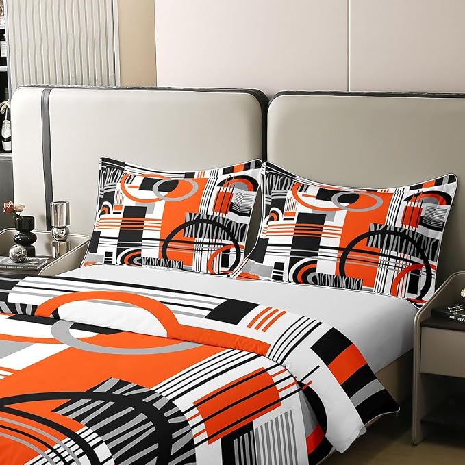 Erosebridal Art Deco Mid Century Duvet Cover Set Retro Modern Abstract Geometric 100% Cotton Comforter Cover Black and White Orange Circles Stripes Queen Bedding Sets, Contemporary Bed Sets