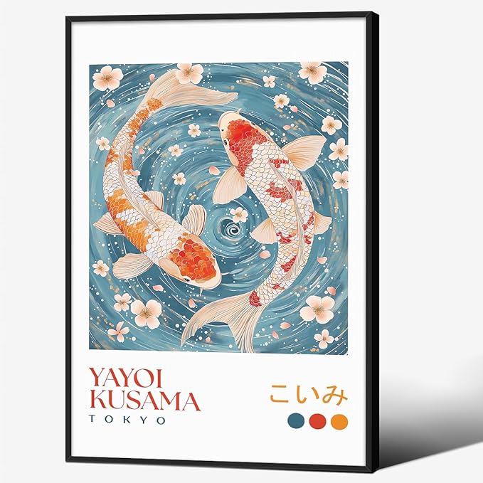 Light Blue Koi Fish Wall Art Japanese Yayoi Kusama Canvas Poster 24X36 inch Black Framed Modern Vintage Animal Aesthetic Paintings for Living Room Bedroom Dorm Wall Decor