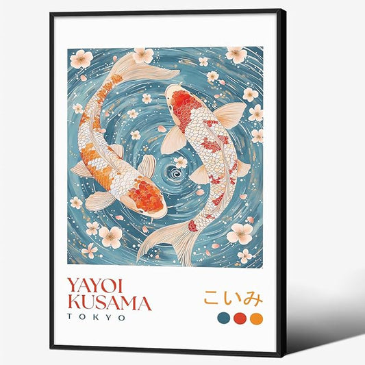 Light Blue Koi Fish Wall Art Japanese Yayoi Kusama Canvas Poster 16X24 inch Black Framed Modern Vintage Animal Aesthetic Paintings for Living Room Bedroom Dorm Wall Decor