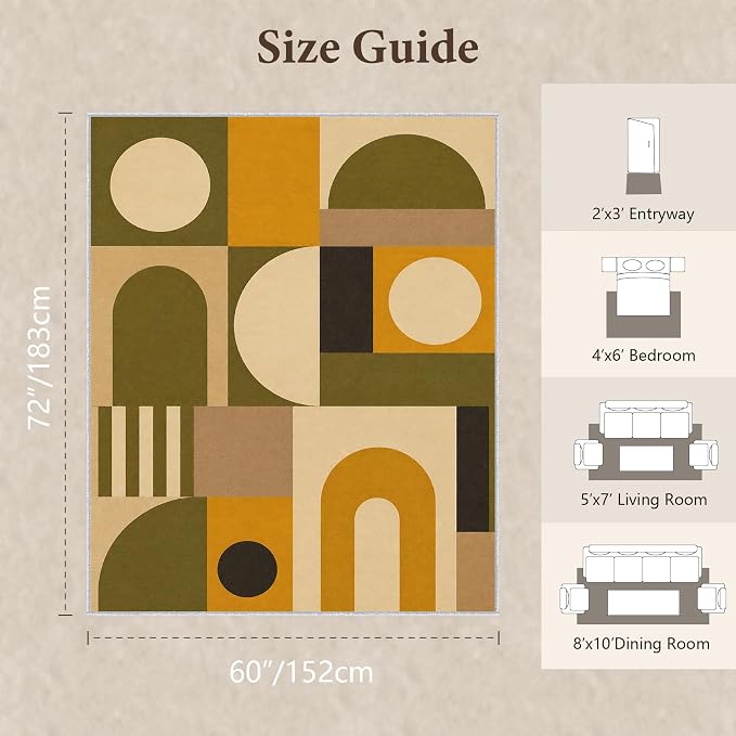 Olive Bauhaus Area Rug 5x6, Mid Century Modern Geometric Rug, Mustard Green Abstract Color Block Washable Low Pile Non Slip Rug for Living Room Bedroom