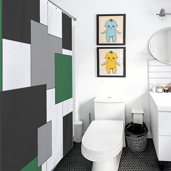 Retro Geometric Shower Curtain,Green Black Modern Geometry Minimalist Neutral Design Bathroom Curtain Polyester Waterproof Fabric Decor 66x72in（168x183cm）