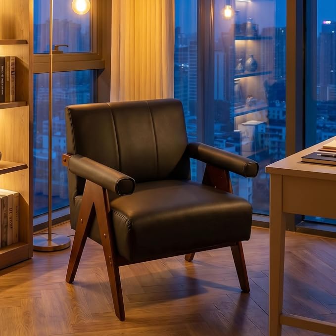 AODAILIHB Black Leather Accent Chair,Mid Century Modern Accent Chair, Solid Wood Frame Black Leather Armchair, Modern Reading & Living Room Chair for Office Guest & Waiting Room