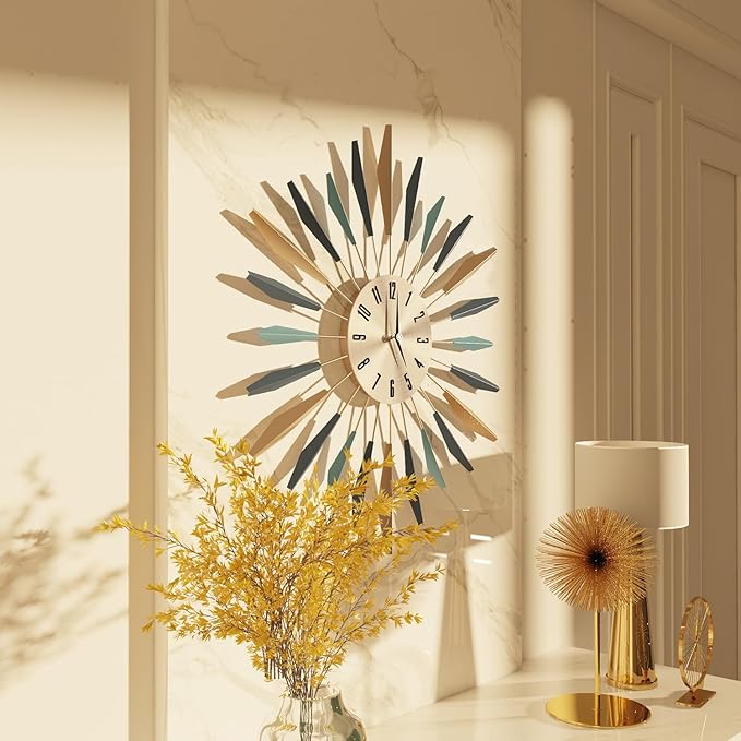 YISITEONE Large Wall Clock Metal Decorative, Mid Century Silent Non-Ticking Big Clocks, Modern Home Decorations for Living Room,Bedroom,Dining Room, Office, 22 inch