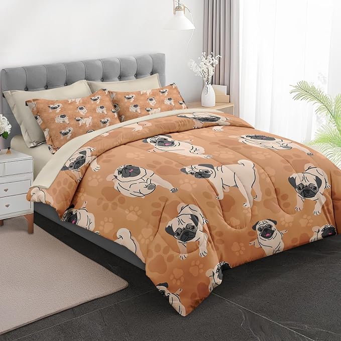 7Pcs Comforter Set Full Size, Cute Brown Pug Dog Lover, Bedding Decor Happy Puppy Animal Paws Gift Bedroom Bed Set with Flat Sheet Fitted Sheet Pillowcases Shams for Kids and Adults