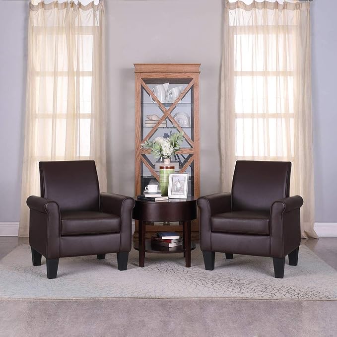 Pu Leather Accent Chair Set of 2, Overstuffed Mid Century Modern Living Room Chairs Upholstered Comfortable Reading Chair Fake Leather Armchair for Bedroom, Office -Brown