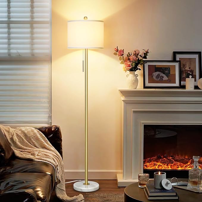Qingmiao 【Upgraded】 Dimmable Gold Floor Lamps for Living Room, 63in Modern Standing Lamp with Marble Base, Tall Pole Light with White Linen Shade for Bedroom Reading Office Corner Nursery