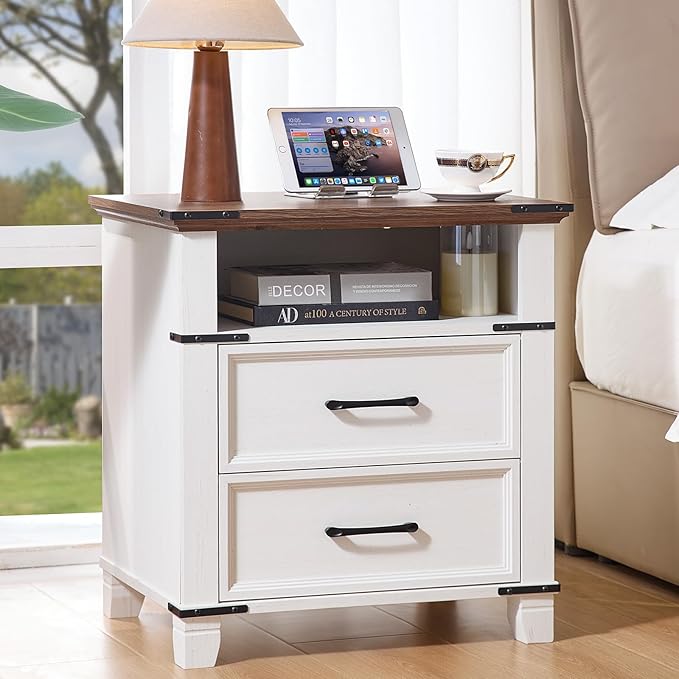 22" Nightstand, Farmhouse Nightstand with 2 Drawers,Industrial Bedside Table with Open Shelf for Bedroom Living Room,Office Bed Side Tables Couch End Table,White