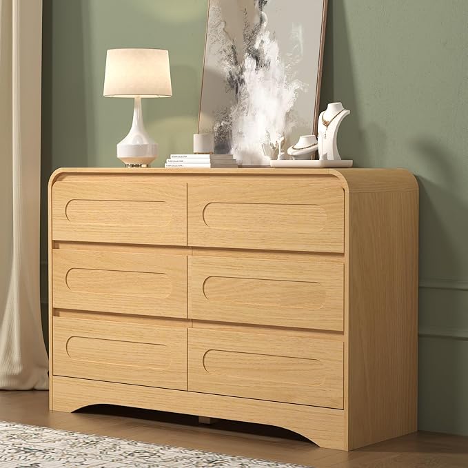 Dresser for Bedroom with Pre-Installed Slides, 6 Drawer Modern Wood Chest of Drawers, 47" Wide Storage Dresser for Bedroom or Hallway, Natural Oak