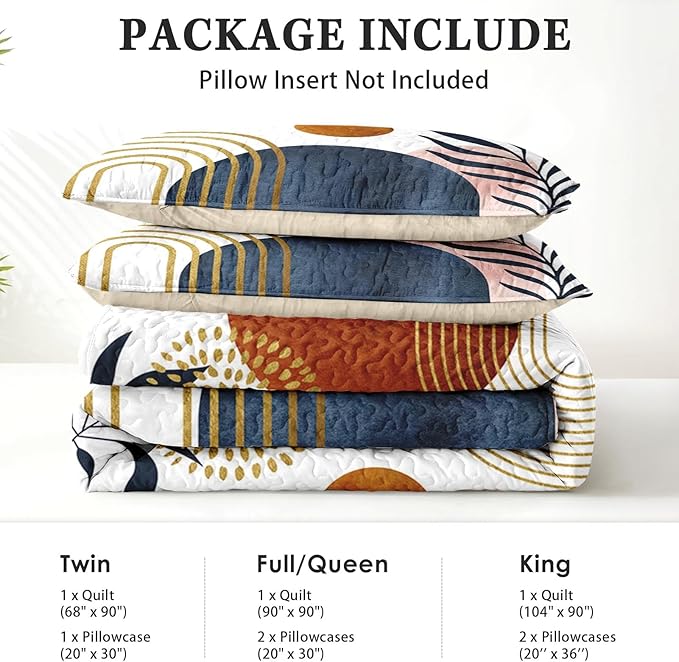 Pamnest Quilt Set Twin Size, Gold Yellow Mid Century 2 Pcs Soft Bed Cover Bedding Set for Kids and Adults, Sun Boho Geometric Leaf Lightweight Bedspread Coverlet with Pillow Sham for All Season