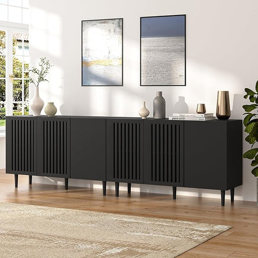 CHUWELL Modern Storage Cabinet, 94.4" Buffet Cabinet with 6 DIY Doors and Adjustable Shelf, Sideboard Coffee Bar with Solid Wood Feet for Kitchen,Dining Room,Living Room,Black