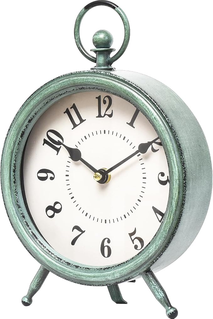EMAX HOME Vintage Rustic Green Table Clock on Stand, Decorative Desk and Shelf Clock，Decorative Battery Operated Table Top Clock for Living Room，Silent Non-Ticking