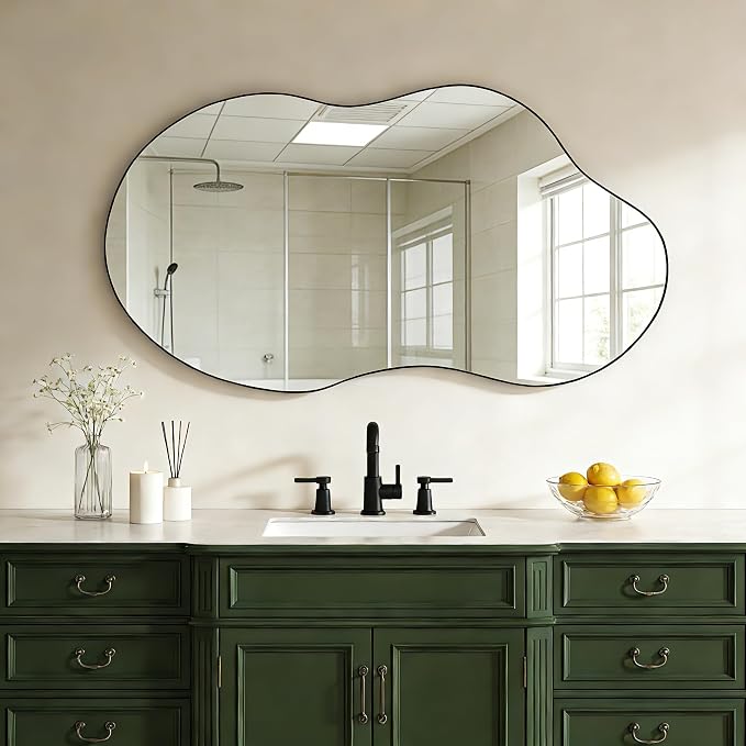 SHYFOY Asymmetrical Wall Mirror Decorative, 22"x43" Black Asymmetrical Mirrors with Metal Frame for Wall Decor, Wavy Wall Mirror for Living Room Abstract Mirror