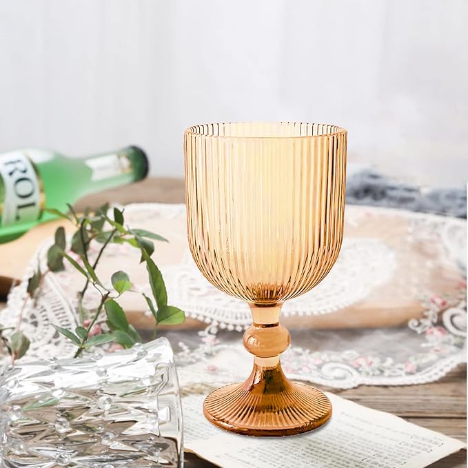 24 Pcs Vintage Wine Glasses, 11 Ounces Colored Glass Water Goblets, Colorful Unique Embossed Pattern High Clear Stemmed Glassware Wedding Party Bar Glass Drinking Cups Vertical Line Amber Set of 24