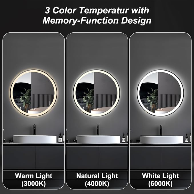 Sweetcrispy 28-Inch Round LED Bathroom Backlit Mirror with Lights, Circle Vanity Mirror with Anti-Fog, Dimmable, 3-Color Light, Memory Function, Tempered Glass
