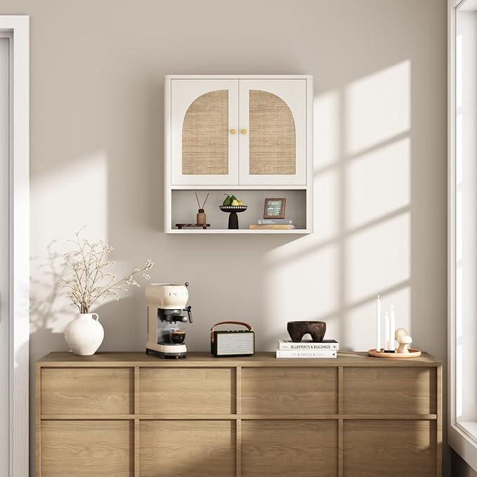 RUSTOWN Rattan Bathroom Wall Cabinet, Over The Toilet Storage Cabinets with 2 Arched Doors, Modern Medicine Cabinet with Adjustable Shelf & Rounded Edges, Mid-Century Bathroom Organization
