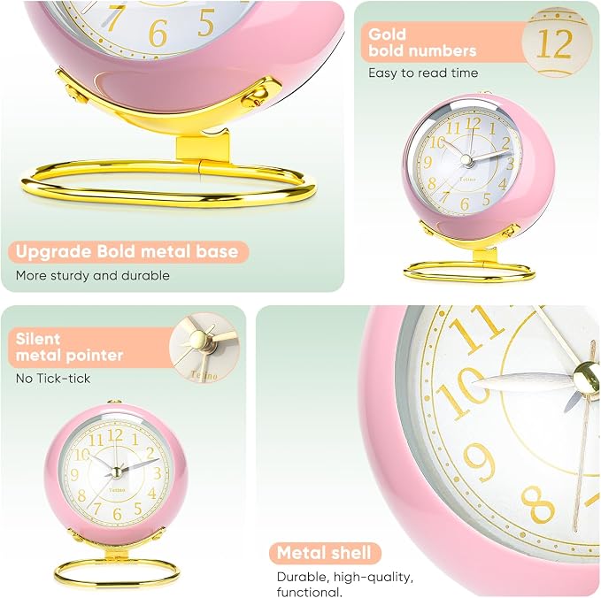Analog Alarm Clocks,Retro Backlight Cute Simple design Small desk Clock With Night Light,Silent Non-Ticking,Battery Powered,For Kids,teens,Bedroom,travel,kitchen,Bedside Desk decor. (Light pink)