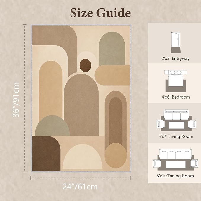Neutral Geometric Area Rug 2x3, Mid Century Modern Abstract Rug, Soft Taupe Beige Color Block Washable Low Pile Non Slip Rug for Living Room Bedroom