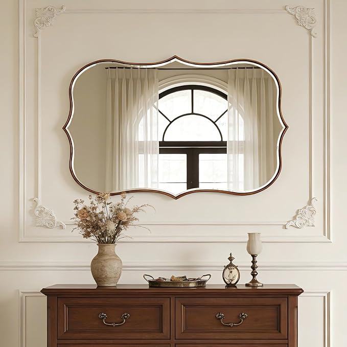 SHYFOY Antique Gold Mirrors for Wall Decor Decorative Wall Mirror Large 24" L x 36" W, Asymmetrical Wavy Accent Mirror with Scalloped Wood Frame, Bronze Farmhouse Traditional Mirror