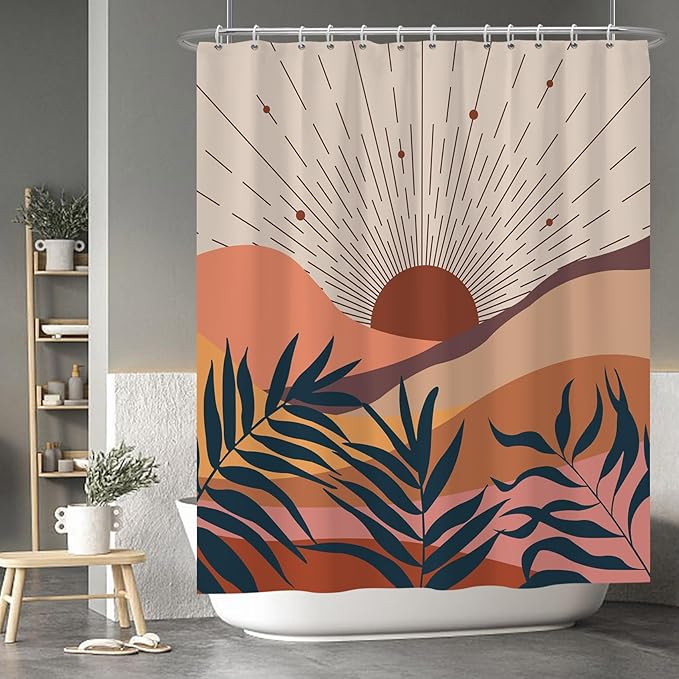 Baocicoo Boho Abstract Sun Shower Curtain - Mid Century Sunrise Mountain Design, Minimalist Aesthetic, Waterproof with Hooks, 60x72 Inches