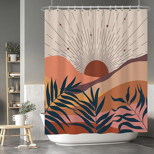 Baocicoo Boho Abstract Sun Shower Curtain - Mid Century Sunrise Mountain Design, Minimalist Aesthetic, Waterproof with Hooks, 60x72 Inches