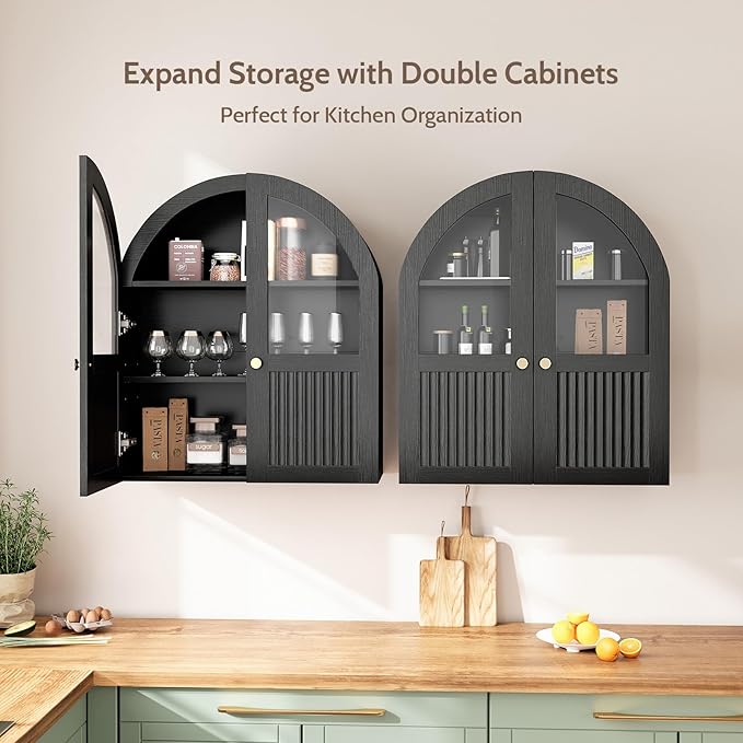 Arched Bathroom Wall Cabinet, 24 x 28 Inch Over The Toilet Storage Cabinet with Glass Door, Fluted, Adjustable Shelf, Wall Mounted Floating Wooden Medicine Cabinets for Bathroom Laundry Room, Black