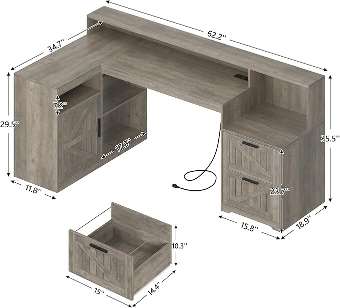 TVU Farmhouse L Shaped Desk with Drawers, 62.2" Home Office Desk with Storage Shelves and Power Outlet, L Shaped Computer Desk with Monitor Stand and Printer Shelf, Gray
