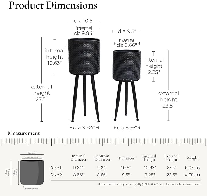 LuxenHome Mid Century Planters for Indoor Plants, Set of 2 Indoor Plant Pots, Dimpled Decorative Cachepot Planters with Black Metal Stands, Large Floor Flower Pot for Living Room, 9.5 & 10.5 Inch