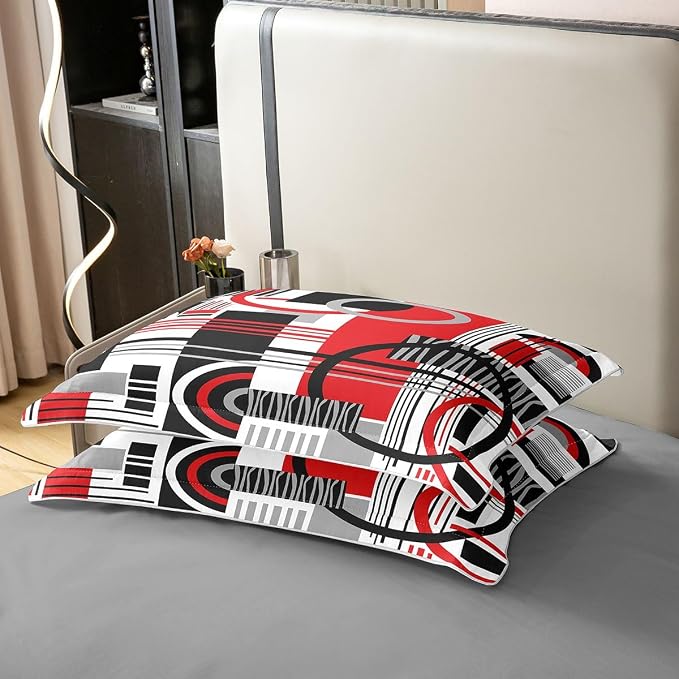 Erosebridal Art Deco Mid Century Duvet Cover Set Retro Modern Abstract Geometric 100% Cotton Comforter Cover Black and White Red Circles Stripes Twin Bedding Sets for Girls, Contemporary Bed Set