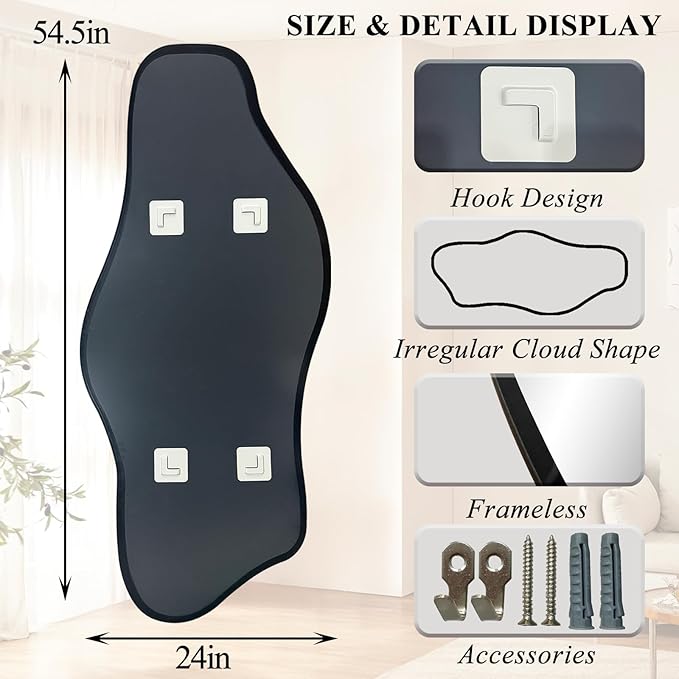 Large Irregular Mirror, 54.5"x24" Asymmetrical Tempered Glass Mirror Decorative, Modern Abstract Frameless Mirrors for Living Room Bathroom Bedroom Hallway Entryway, Horizontal Or Vertical
