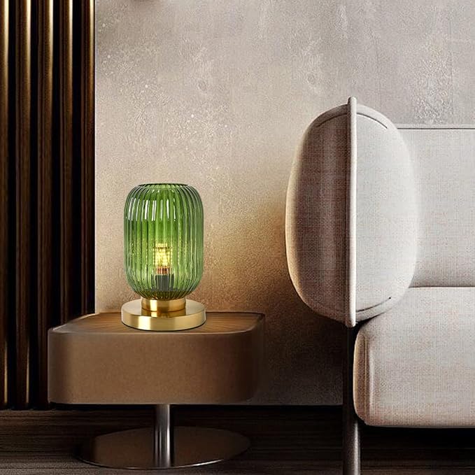 Glass Table Lamps Mid Century Modern Globe Table lamp Gold Desk lamp nightstand lamp with Green Pumpkin Design Ribbed Glass Bedside Table Lamp for Bedroom Living Room Office