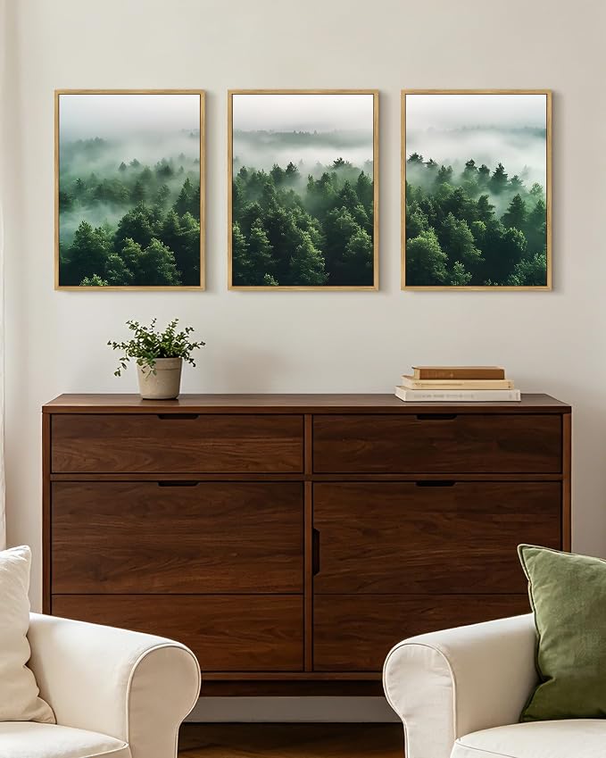 KUVIOKE Green Fog Pine Tree Framed Wall Art Nature Nordic Misty Forests Artwork Morden Painting Bedroom Decor 12x16in (Natural Framed)