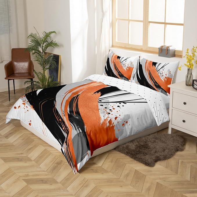 Erosebridal Black Burnt Orange Duvet Cover Twin - Modern Geometric Decorative Abstract Bedding Striped Bed Set for Boys Adults Girls Minimalist Graffiti Aesthetic Lines Bed Cover
