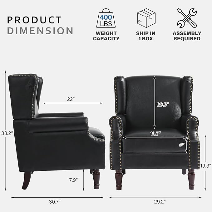 Lumibee Accent Chairs, Faux Leather High Back Armchair Set of 2 or Living Room, Comfy Upholstered Single Sofa Reading Chairs with Solid Wood Legs for Office, Bedroom, Waiting Room-Black