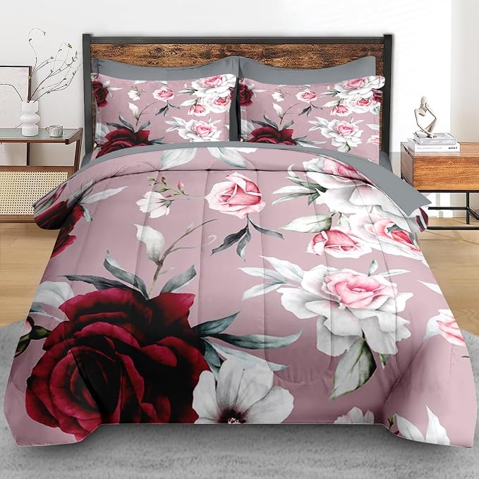 Pamnest Comforter Set Full Size, Rose Leaves 7 Pcs Bedding for Kids and Adults, Painting Floral Vintage Bed Sheet Sets with Fitted Sheet 2 Pillowcases & 2 Shams for Bedroom Bed Decor