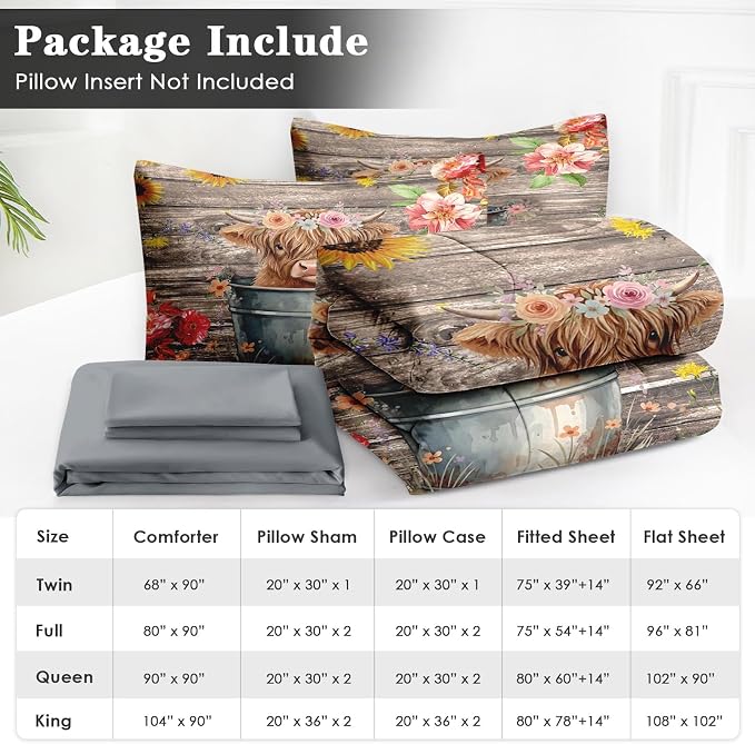 WeCozy 5 Pcs Twin Size Comforter Set with Pillowcase & Sham, Highland Cow Flower Bedding for Kids and Adults, Happy Cute Cartoon Bed in a Bag with Flat Fitted Sheet