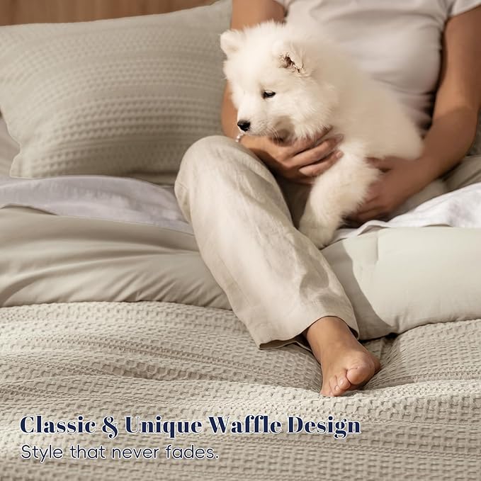 PHF Soft Waffle Comforter Set Twin Size- Comfy Breathable Waffle Weave Comforter with 1 Pillow Shams, 2 Pieces Less Snagging Lightweight Textured Bedding Set for All Season, Natural/Linen