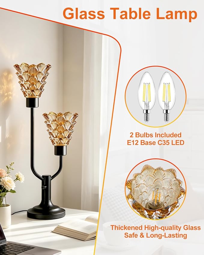 Lightdot Vintage Table Lamp for Living Room Dimmable Mid Century Modern Desk Lamp Amber Glass Black Nightstand Lamp 2 Bulbs Included Warmwhite Ambient Bedside Lamps for Bedroom Home Office Decor Gift