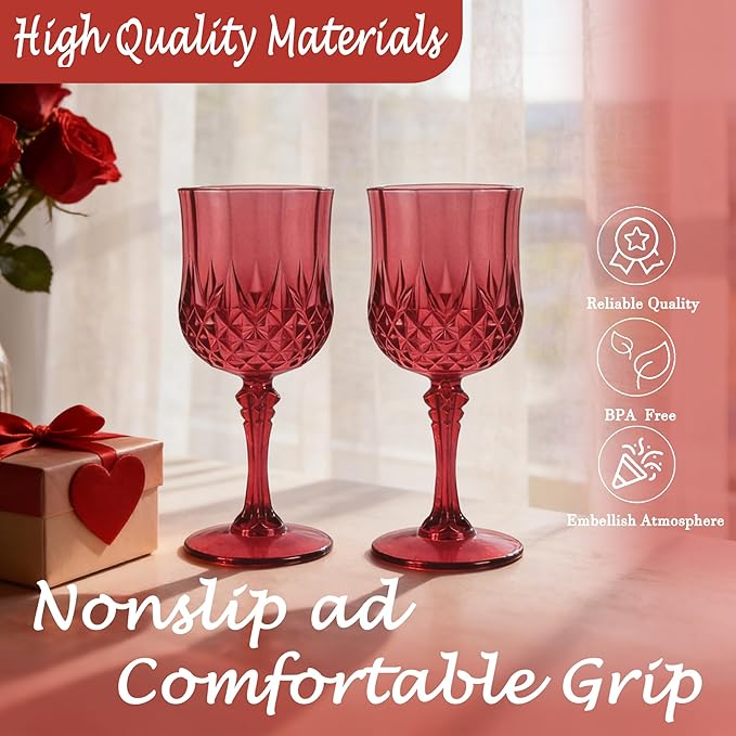 Plastic Wine Glasses, Plastic Goblets Vintage Style Cordial Drinking Glasses for Valentine’s Day, Wedding Reception, Grand Event Party Supplies (12, Scarlet Rose)