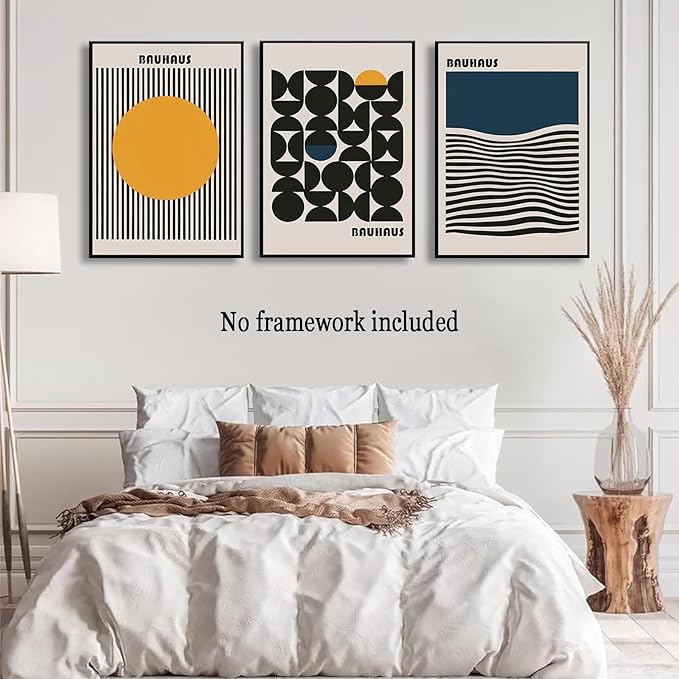 3Pcs Bauhaus Style Wall Art Bohemian Abstract Wall Decor Minimalist Canvas Mid Century Moderngeometry Poster Prints Painting Picture Suitable for Living Room Bedroom （16x24 unframed）