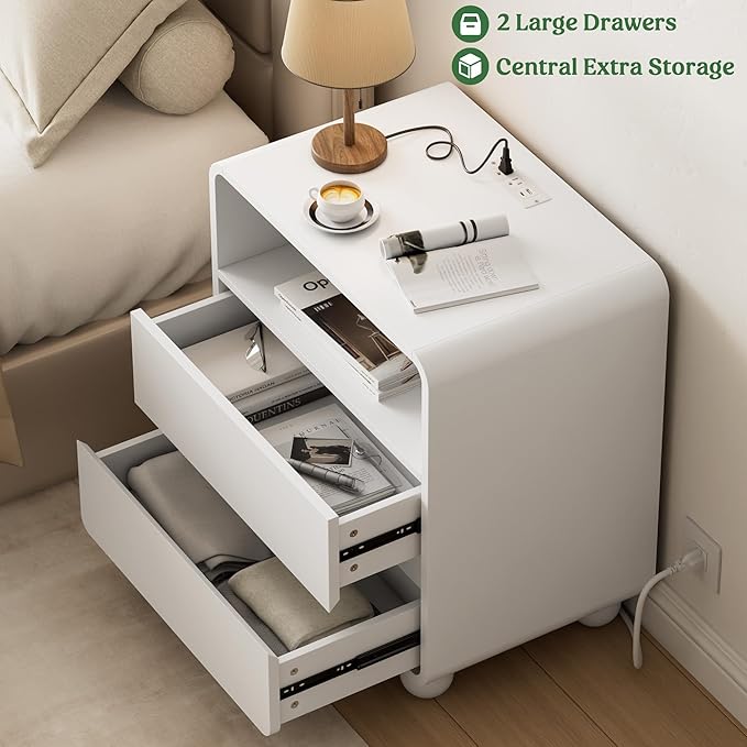Lulive Wood Night Stand with Drawers, Modern Bedside End Table with Charging Station, Curved Profile Design Storage Nightstand for Bedroom, White
