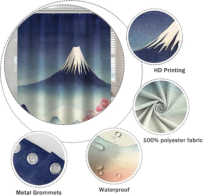 Mount Fuji Shower Curtain Japan Famous Landscape Cherry Flower Mountains Abstract Scenery Shower Curtains for Bathroom Accessories Waterproof Polyester Fabric with Hooks, 72 x 96 Inch