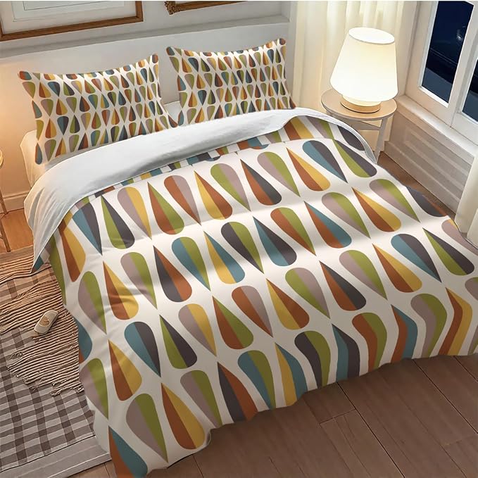 Mid Century Bedding Set,Modern Colorful bstract Geometric Drop Shapes Retro 1950s 1960s Geometry Pattern Comforter Set with Pillowcase for Bedroom Bed Decor,Full 79"x90"