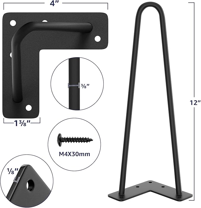 SMARTSTANDARD 12 Inch Heavy Duty Hairpin Furniture Legs, Metal Home DIY Projects for Nightstand, Coffee Table, Desk, etc with Rubber Floor Protectors Black 4PCS