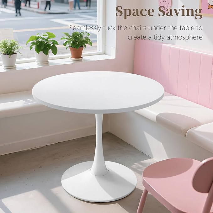 31.5 Inch Round Dining Table,Mid-Century Tulip Table with Metal Pedestal Base,Modern Leisure Table for Small Space Kitchen Dining Room,Easy Assembly,White