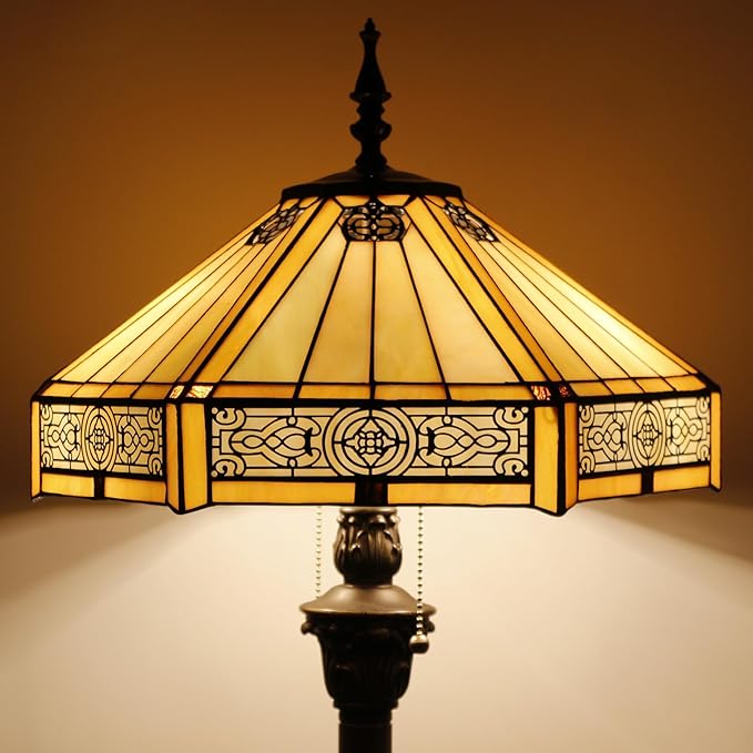 WERFACTORY Tiffany Floor Lamp Yellow Hexagon Stained Glass Mission Standing Reading Light 16X16X64 Inches Antique Pole Corner Lamp Decor Bedroom Living Room Home Office S011 Series